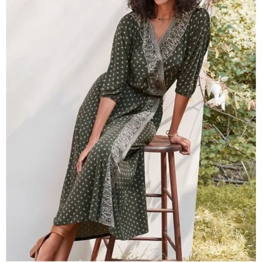 Garnet Hill‎ Faux Wrap Maxi Dress Women S Green Floral Print Stretch Cottagecore